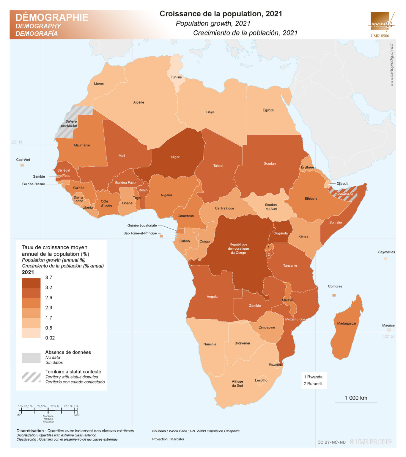 Taux de croissance moyen annuel de la population, 2021 - Cartoprodig